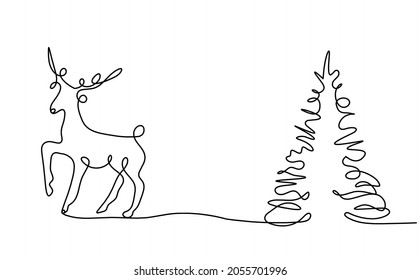 Silhouette of abstract deer and Christmas tree as line drawing on white. Vector