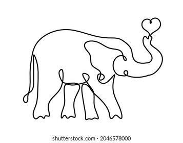 Silhouette of abstract elephant with heart as line drawing on white. Vector