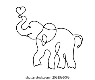 Silhouette of abstract elephant with heart as line drawing on white. Vector