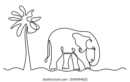 Silhouette of abstract elephant with tree as line drawing on white. Vector