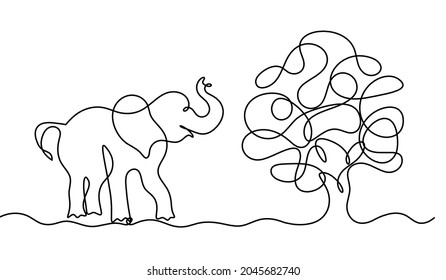 Silueta de elefante abstracto con árbol como dibujo de línea sobre blanco. Vector