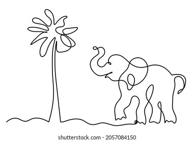 Silhouette of abstract elephant with tree as line drawing on white. Vector