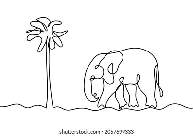 Silhouette of abstract elephant with tree as line drawing on white. Vector