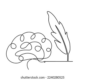 Silhouette of abstract feather with brain as line drawing on white. Vector