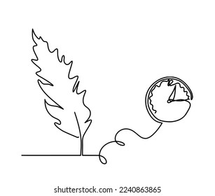 Silhouette of abstract feather with clock as line drawing on white