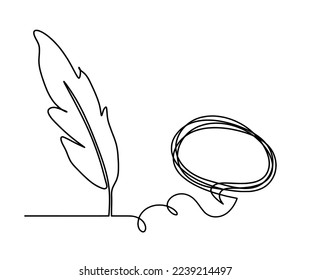 Silhouette of abstract feather with comment as line drawing on white. Vector