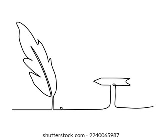 Silhouette of abstract feather with direction as line drawing on white. Vector