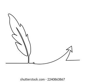 Silhouette of abstract feather with direction as line drawing on white. Vector