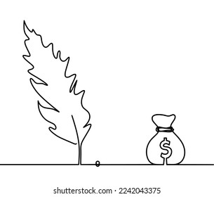Silhouette of abstract feather with dollar as line drawing on white. Vector
