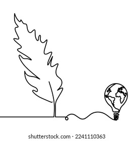 Silhouette of abstract feather with globe light bulb as line drawing on white. Vector