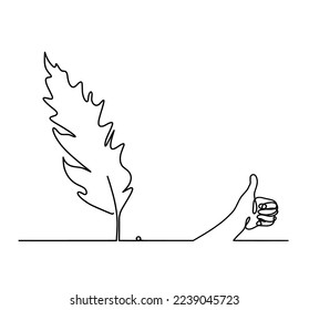 Silhouette of abstract feather with hand as line drawing on white. Vector