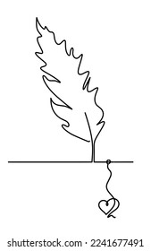 Silhouette of abstract feather with heart as line drawing on white. Vector