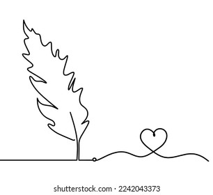 Silhouette of abstract feather with heart as line drawing on white. Vector
