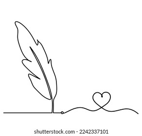 Silhouette of abstract feather with heart as line drawing on white. Vector