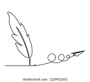 Silhouette of abstract feather with paper plane as line drawing on white. Vector