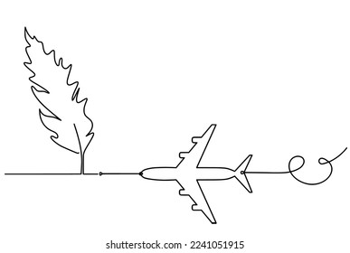 Silhouette of abstract feather with plane as line drawing on white. Vector