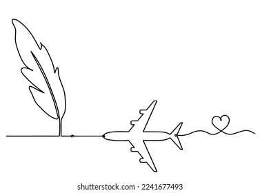 Silhouette of abstract feather with plane as line drawing on white. Vector