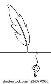 Silueta de pluma abstracta con signo de interrogación como dibujo de línea sobre blanco. Vector