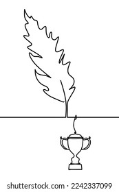 Silhouette of abstract feather with trophy as line drawing on white. Vector