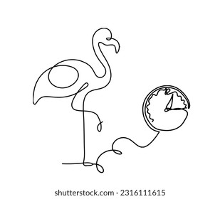 Silhouette of abstract flamingo and clock as line drawing on white. Vector