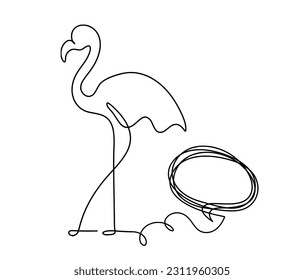 Silhouette of abstract flamingo and comment as line drawing on white. Vector