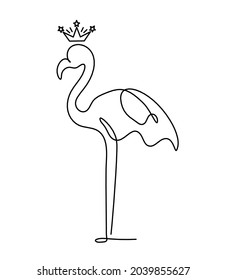 Silhouette of abstract flamingo with crown as line drawing on white. Vector