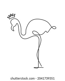 Silhouette of abstract flamingo with crown as line drawing on white. Vector