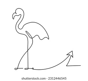 Silhouette of abstract flamingo and direction as line drawing on white. Vector