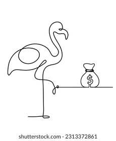 Silhouette of abstract flamingo and dollar as line drawing on white. Vector