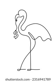 Silhouette of abstract flamingo and dollar as line drawing on white. Vector