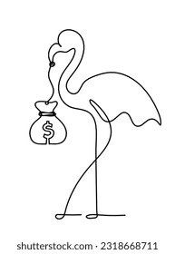 Silhouette of abstract flamingo and dollar as line drawing on white. Vector
