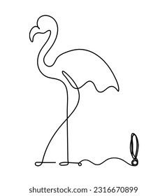 Silhouette of abstract flamingo and exclamation mark as line drawing on white. Vector
