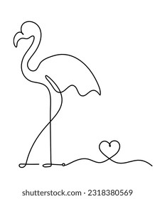 Silhouette of abstract flamingo and heart as line drawing on white. Vector