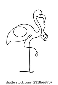 Silhouette of abstract flamingo and heart as line drawing on white. Vector