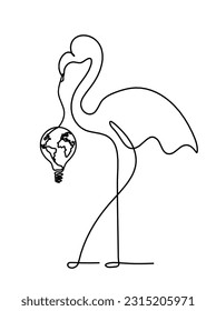 Silhouette of abstract flamingo and light bulb as line drawing on white. Vector