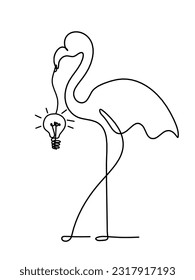 Silhouette of abstract flamingo and light bulb as line drawing on white. Vector