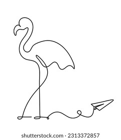 Silhouette of abstract flamingo and paper plane as line drawing on white. Vector