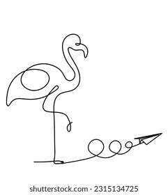 Silhouette of abstract flamingo and paper plane as line drawing on white. Vector