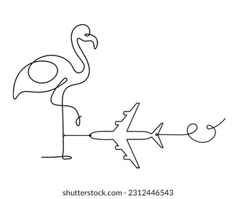 Silhouette of abstract flamingo and plane as line drawing on white. Vector