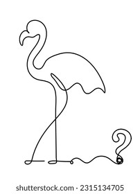 Silueta de flamingo abstracto y signo de interrogación como dibujo de línea sobre blanco. Vector
