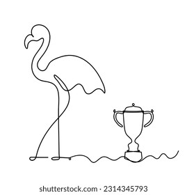 Silhouette of abstract flamingo and trophy as line drawing on white. Vector