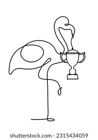 Silhouette of abstract flamingo and trophy as line drawing on white. Vector
