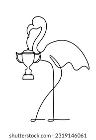 Silhouette of abstract flamingo and trophy as line drawing on white. Vector