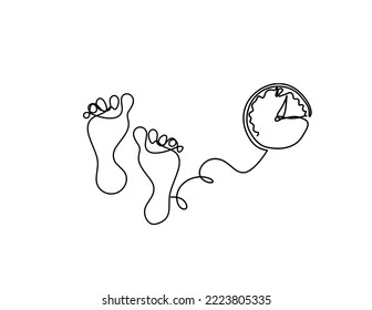 Silhouette of abstract foot with clock as line drawing on white. Vector
