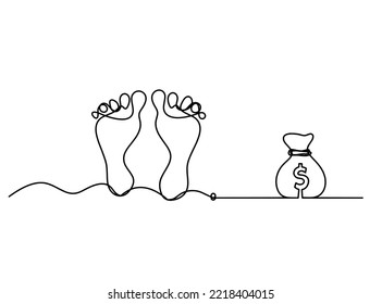 Silhouette of abstract foot with dollar as line drawing on white. Vector