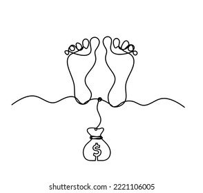 Silhouette of abstract foot with dollar as line drawing on white. Vector