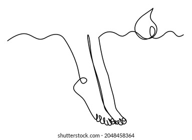 Silhouette of abstract foot with drop of water as line drawing on white. Vector