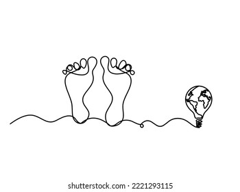 Silhouette of abstract foot with globe light bulb as line drawing on white	
. Vector