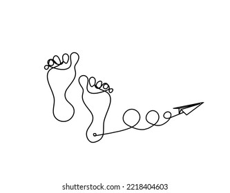 Silhouette of abstract foot with paper plane as line drawing on white	. Vector