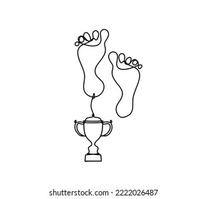 Silhouette of abstract foot with trophy as line drawing on white. Vector